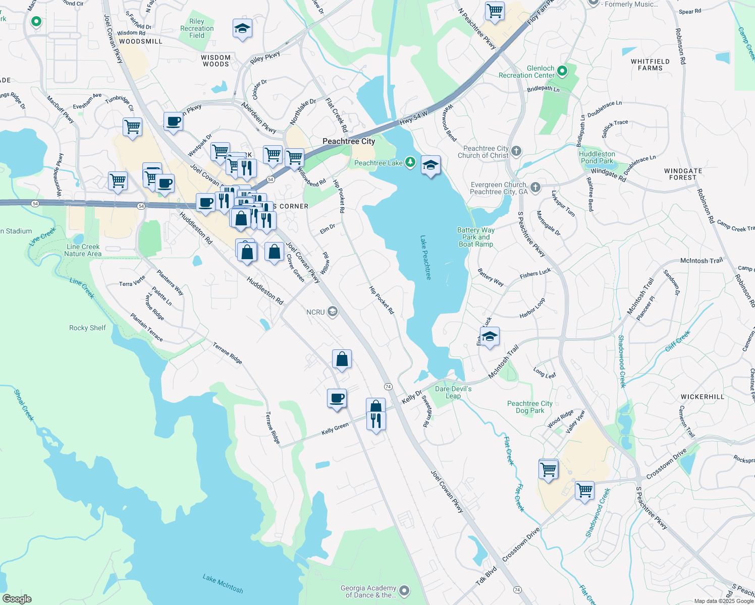 map of restaurants, bars, coffee shops, grocery stores, and more near 900 Hip Pocket Rd in Peachtree City
