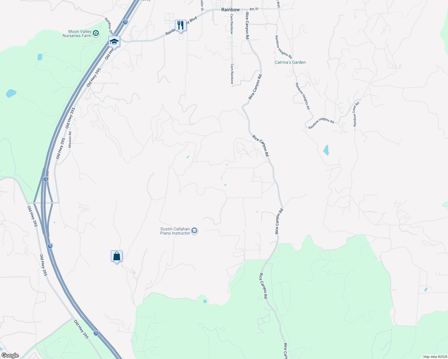 map of restaurants, bars, coffee shops, grocery stores, and more near 1050 Rice Canyon Road in Fallbrook