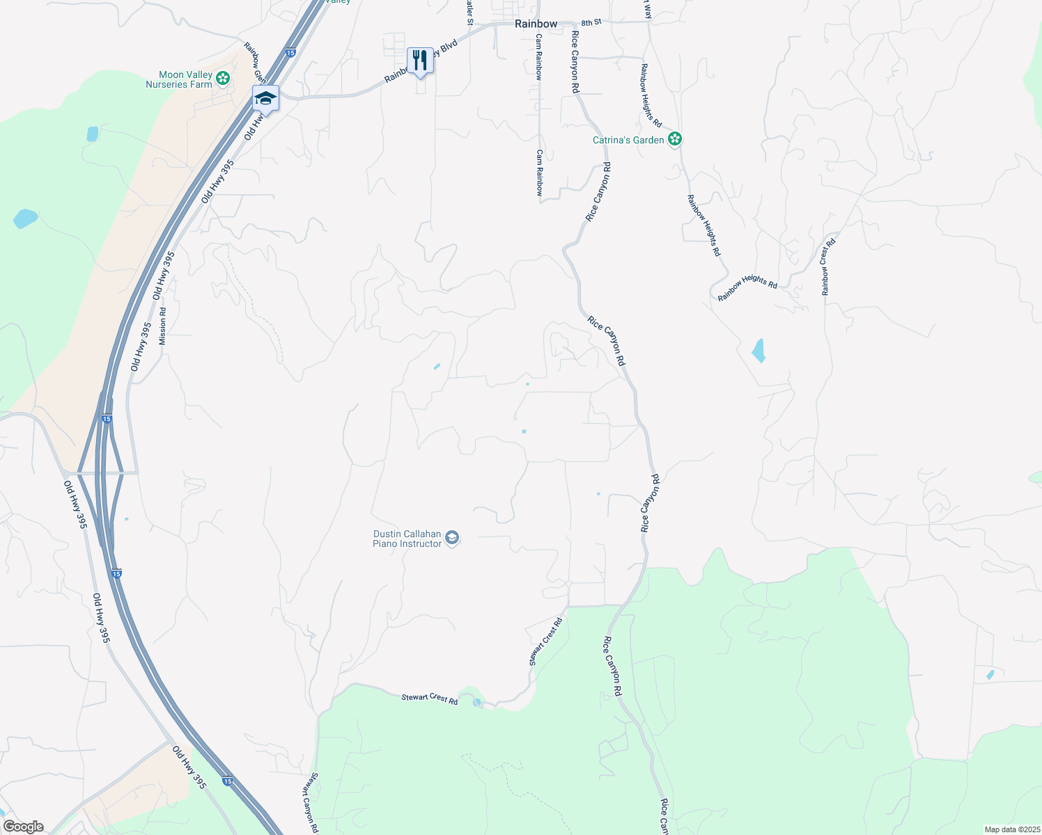 map of restaurants, bars, coffee shops, grocery stores, and more near 1050 Rice Canyon Road in Fallbrook