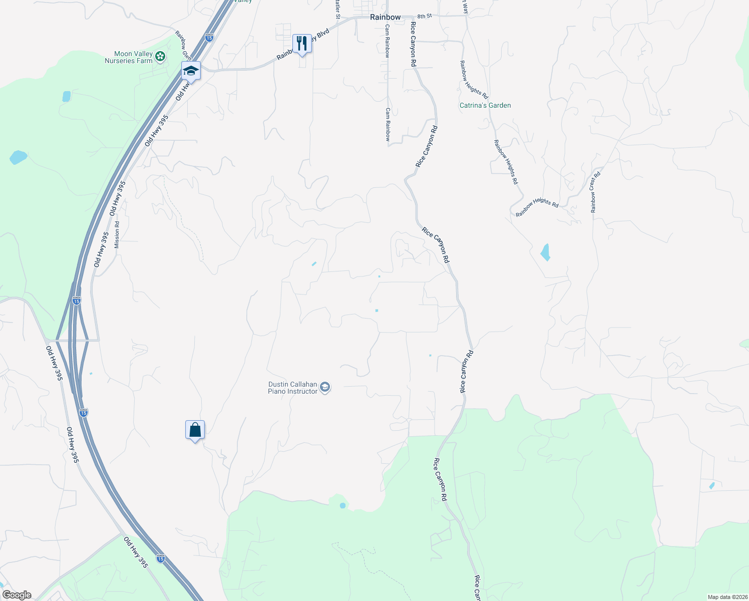 map of restaurants, bars, coffee shops, grocery stores, and more near 1050 Rice Canyon Road in Fallbrook