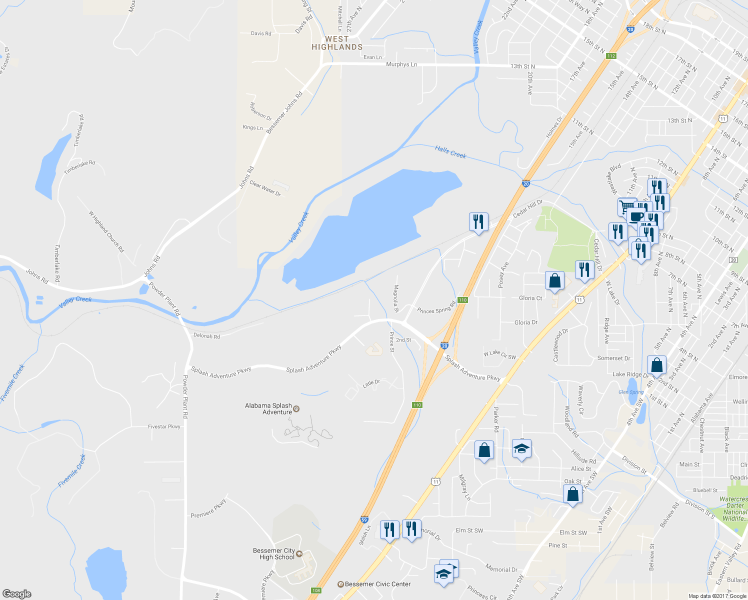 map of restaurants, bars, coffee shops, grocery stores, and more near 4024 Cypress Street in Bessemer