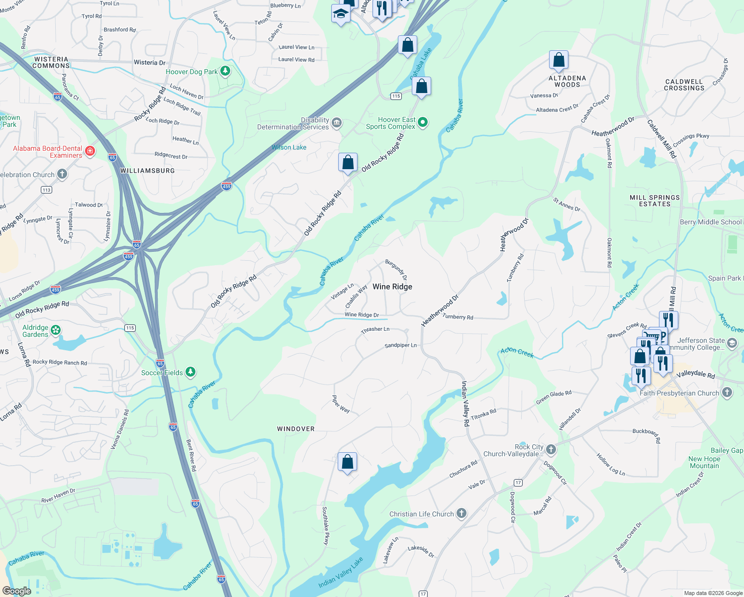 map of restaurants, bars, coffee shops, grocery stores, and more near 4727 Vintage Lane in Birmingham