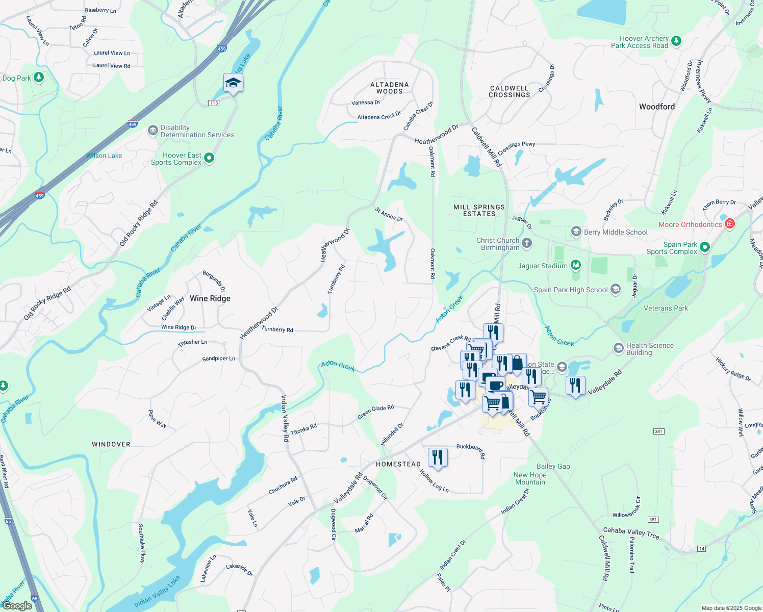 map of restaurants, bars, coffee shops, grocery stores, and more near 276 Marwood Drive in Birmingham