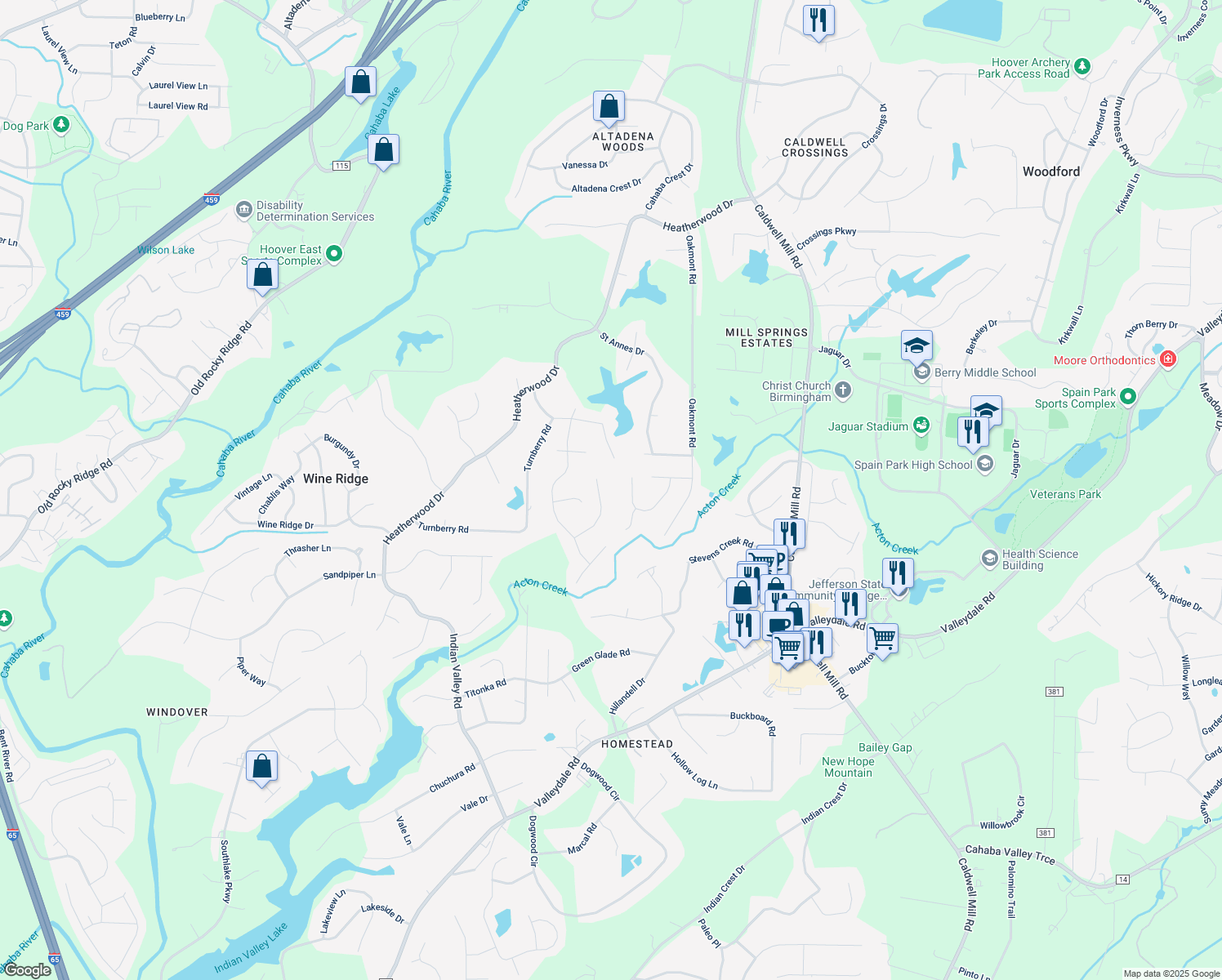 map of restaurants, bars, coffee shops, grocery stores, and more near 276 Marwood Drive in Birmingham