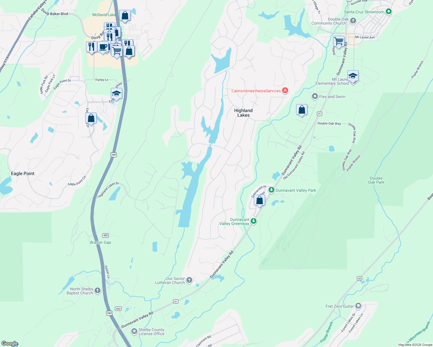map of restaurants, bars, coffee shops, grocery stores, and more near 526 Highland Park Circle in Birmingham