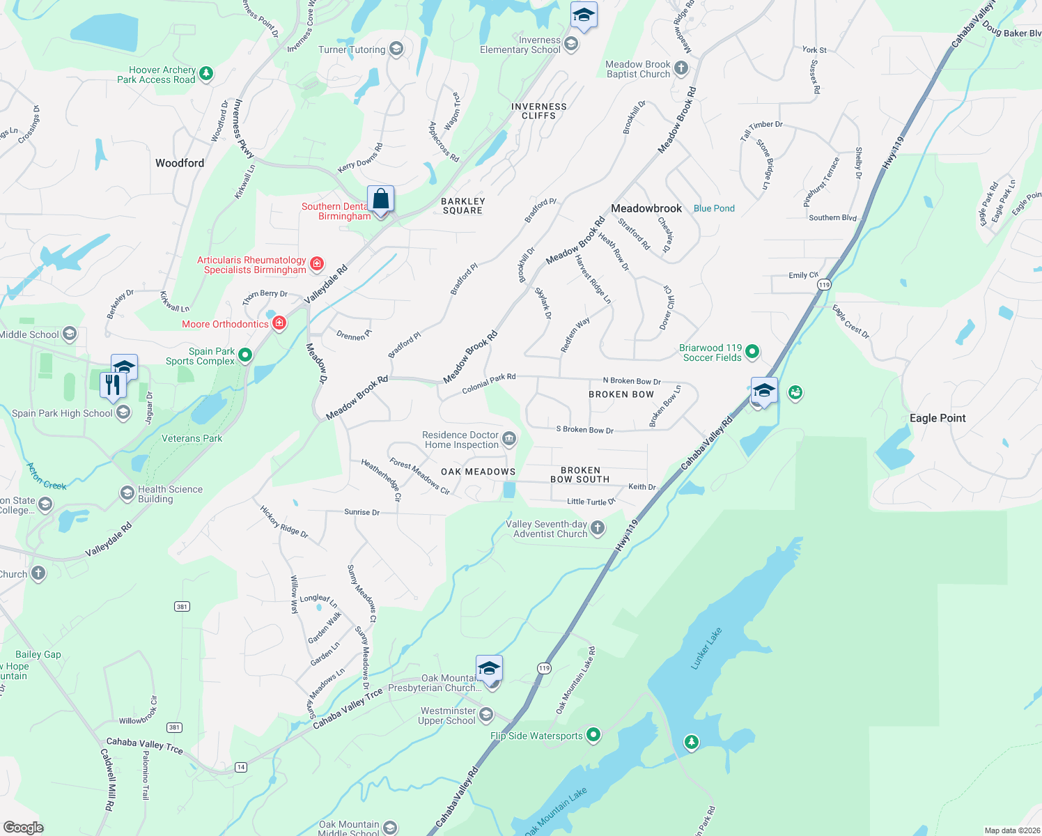 map of restaurants, bars, coffee shops, grocery stores, and more near 5124 South Broken Bow Drive in Birmingham