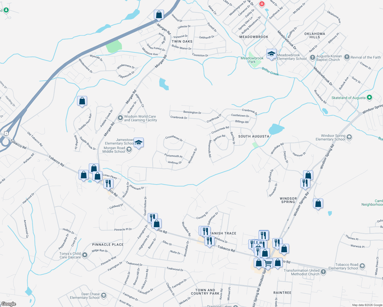 map of restaurants, bars, coffee shops, grocery stores, and more near 3634 Woodcock Drive in Hephzibah