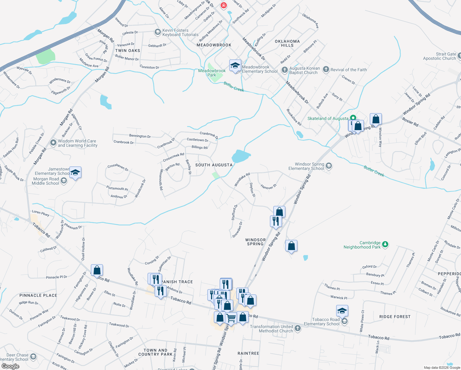 map of restaurants, bars, coffee shops, grocery stores, and more near 2603 Crosscreek Road in Hephzibah