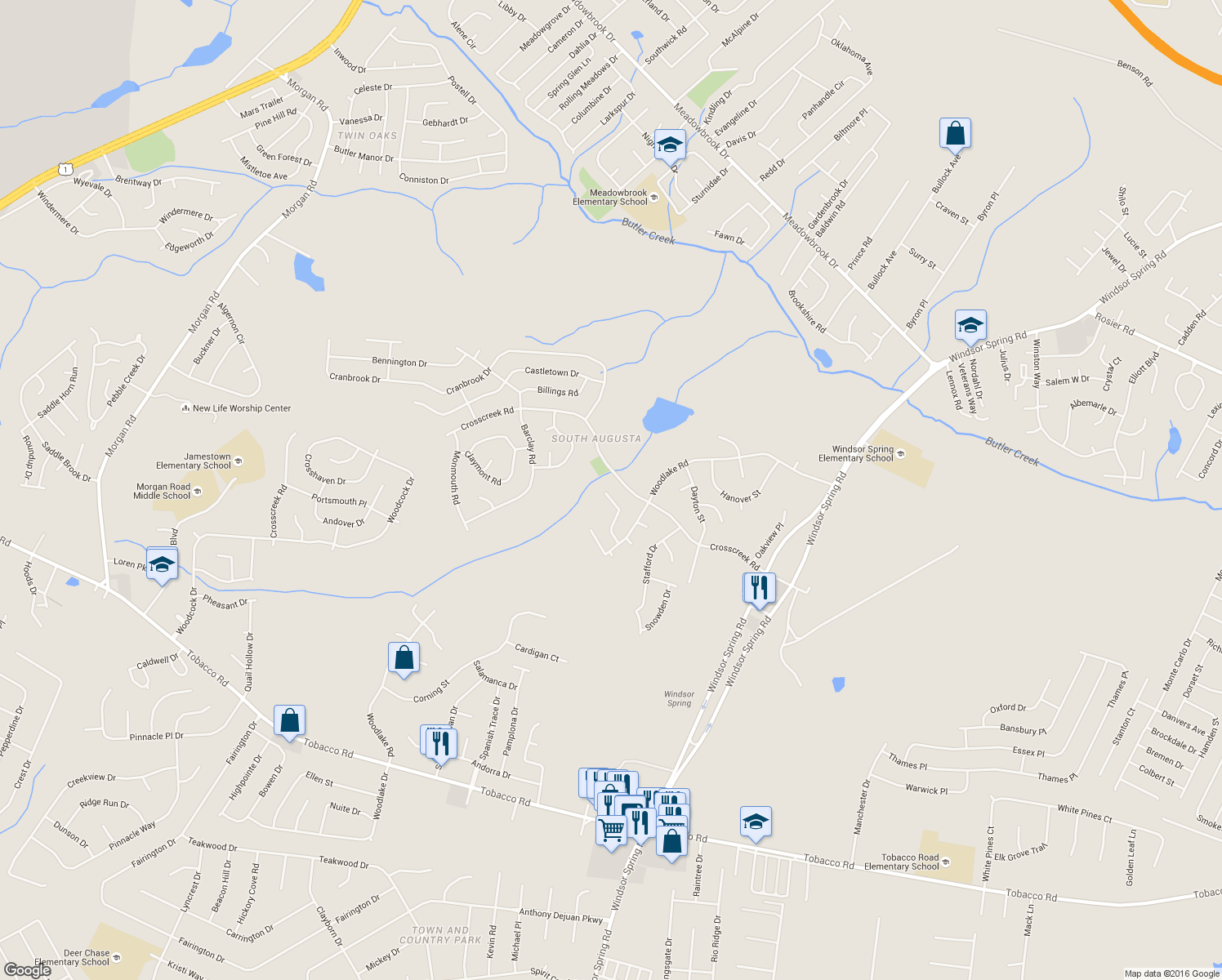 map of restaurants, bars, coffee shops, grocery stores, and more near 2320 Prescott Pl in Hephzibah