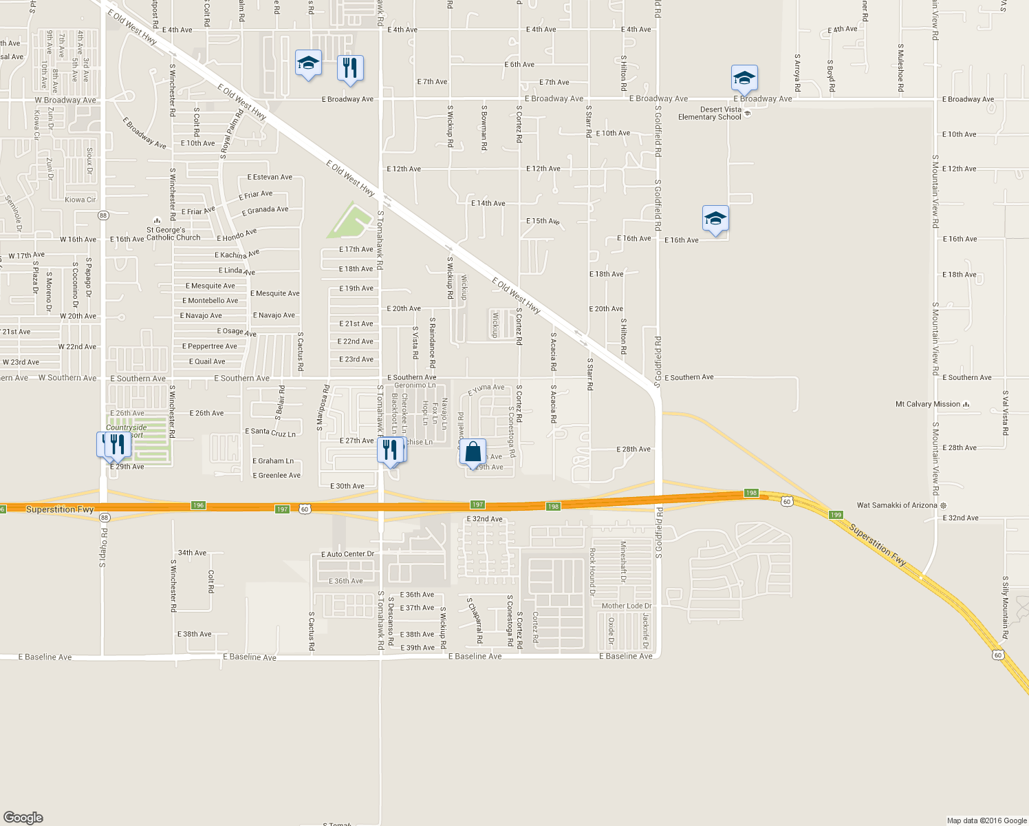 map of restaurants, bars, coffee shops, grocery stores, and more near 2579 South Conestoga Road in Apache Junction