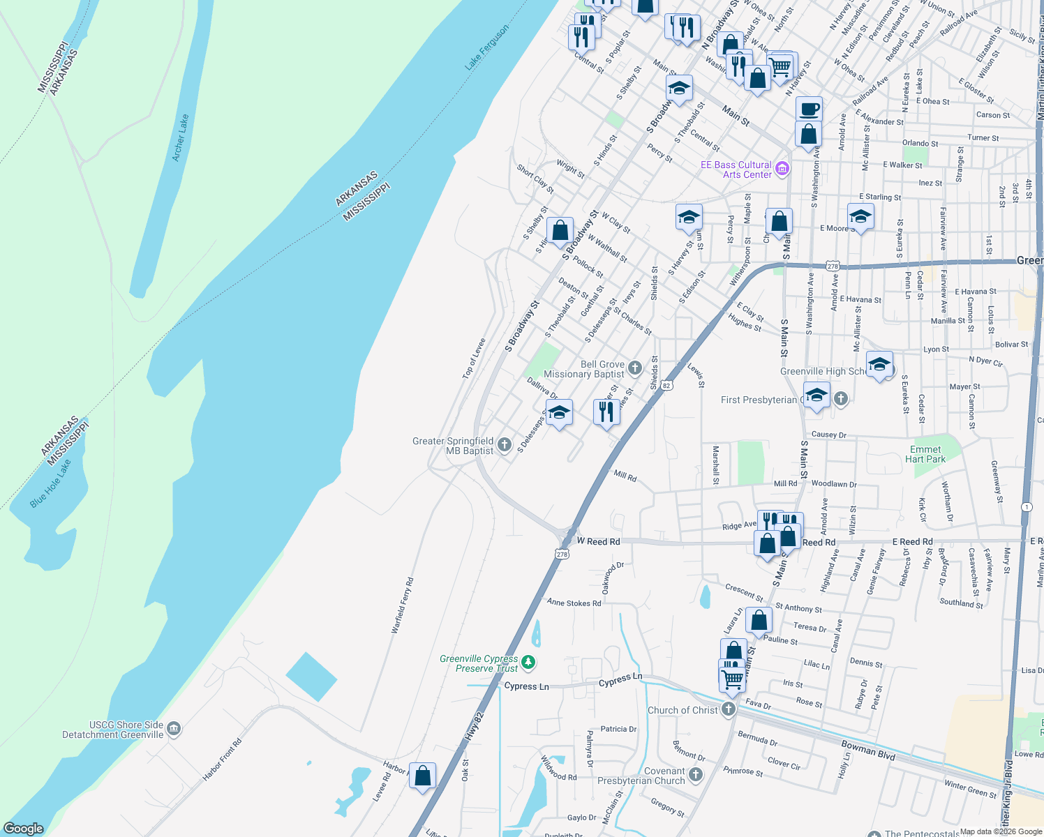 map of restaurants, bars, coffee shops, grocery stores, and more near 1407 Roosevelt Street in Greenville
