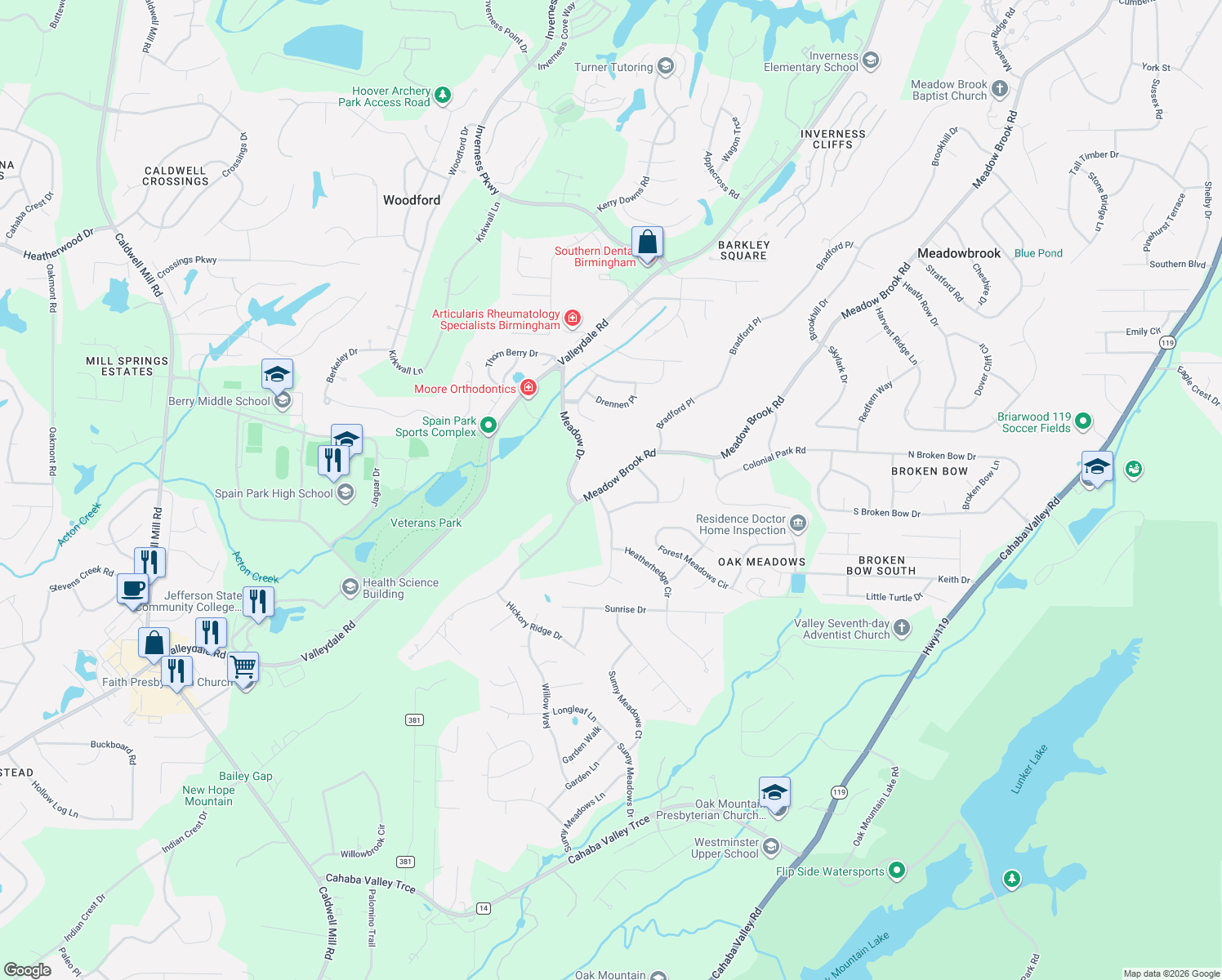 map of restaurants, bars, coffee shops, grocery stores, and more near 5249 Meadow Brook Road in Birmingham
