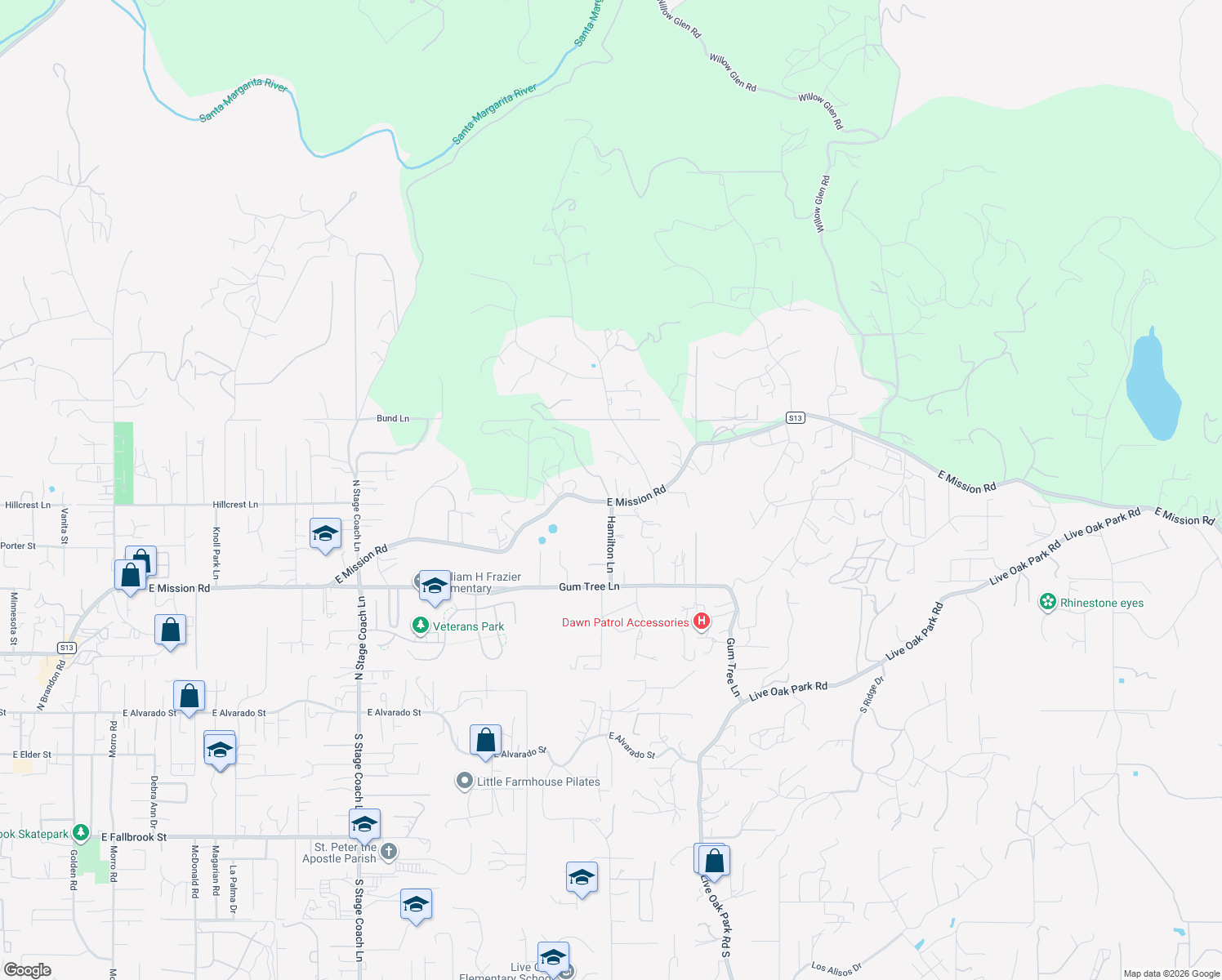 map of restaurants, bars, coffee shops, grocery stores, and more near 2306 East Mission Road in Fallbrook