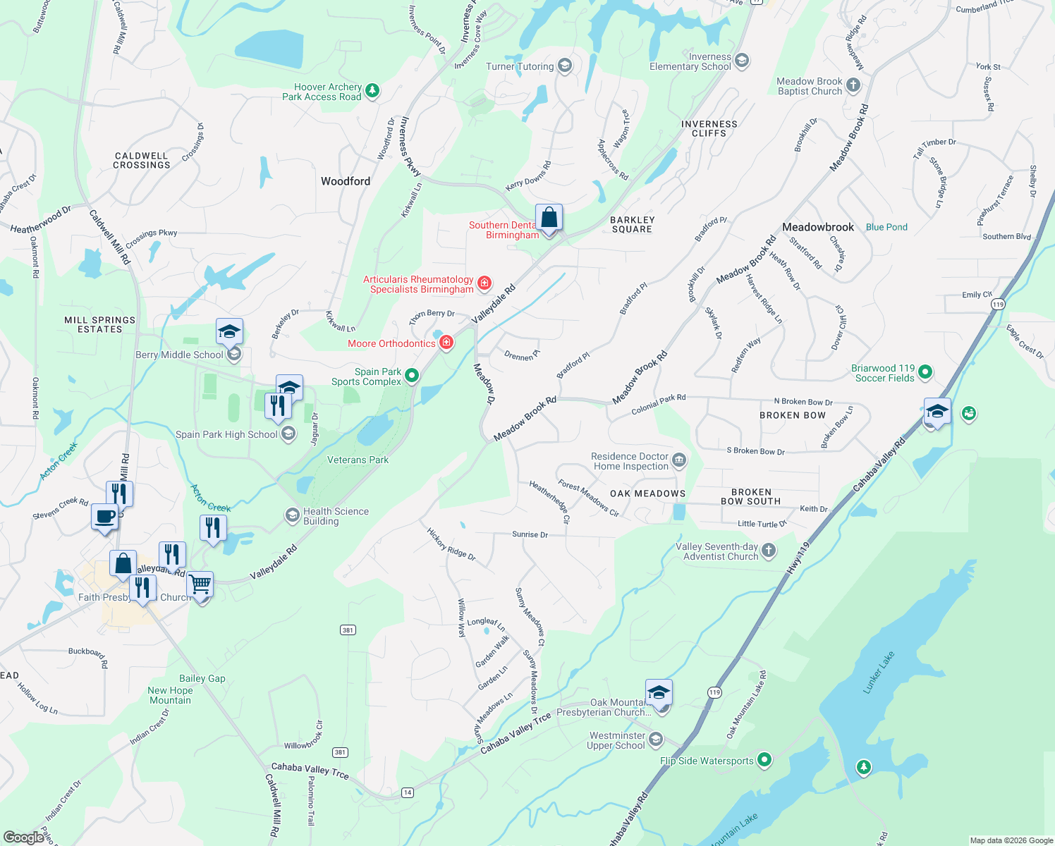 map of restaurants, bars, coffee shops, grocery stores, and more near 5249 Meadow Brook Road in Birmingham