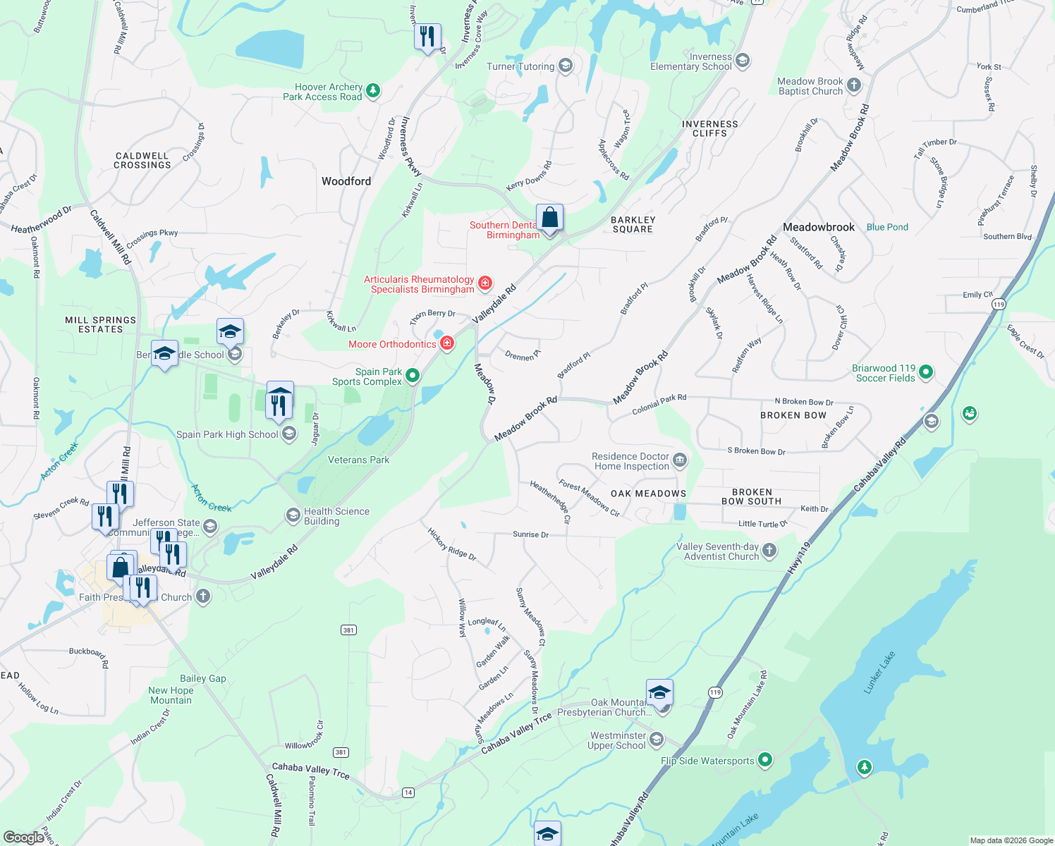 map of restaurants, bars, coffee shops, grocery stores, and more near 5249 Meadow Brook Road in Birmingham