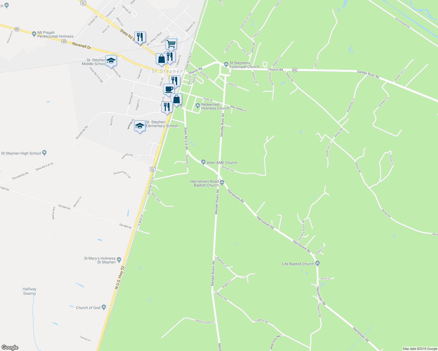 map of restaurants, bars, coffee shops, grocery stores, and more near 2234 Mendel Rivers Road in Saint Stephen