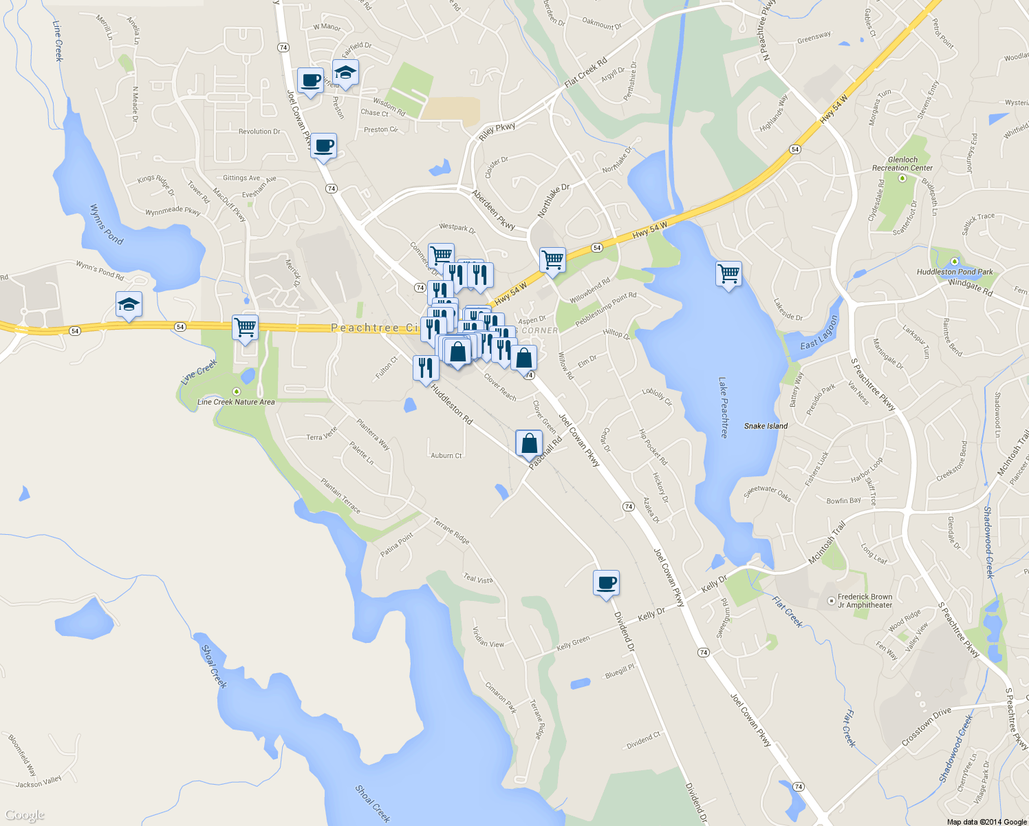map of restaurants, bars, coffee shops, grocery stores, and more near 245 Clover Reach in Peachtree City