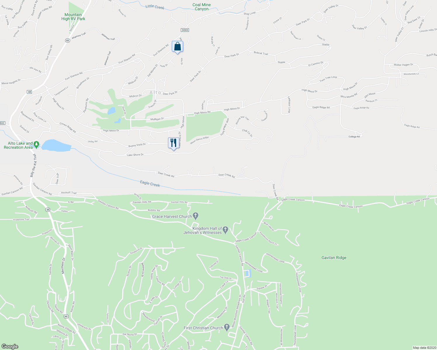 map of restaurants, bars, coffee shops, grocery stores, and more near Deer Creek Road in Ruidoso
