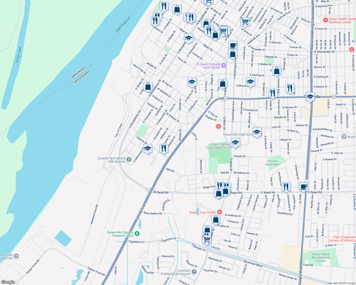 map of restaurants, bars, coffee shops, grocery stores, and more near 1130 Boyd Street in Greenville