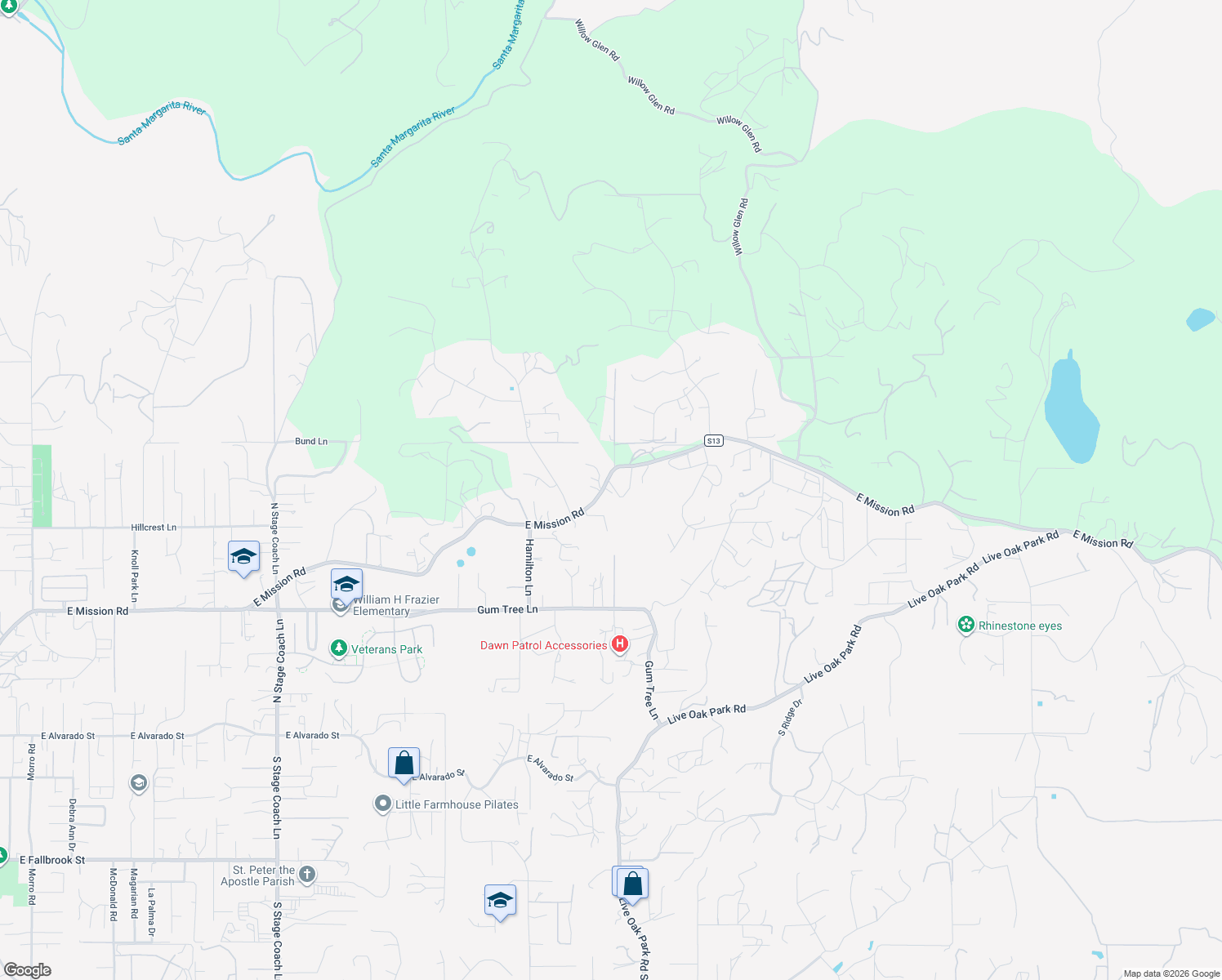 map of restaurants, bars, coffee shops, grocery stores, and more near 2469 East Mission Road in Fallbrook