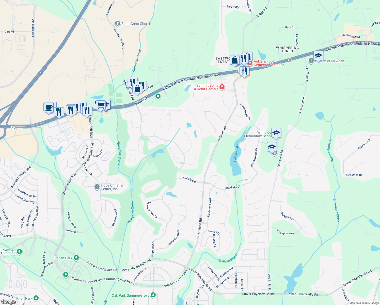 map of restaurants, bars, coffee shops, grocery stores, and more near 25 Fawn Ridge in Newnan