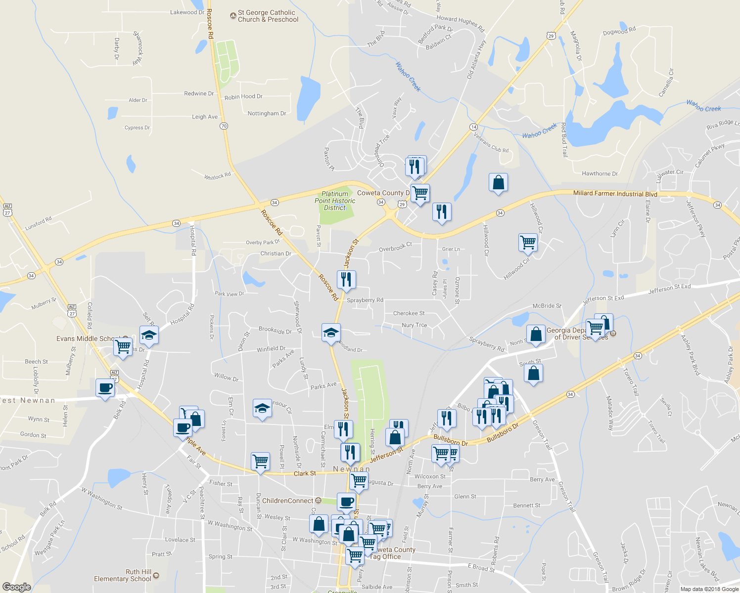 map of restaurants, bars, coffee shops, grocery stores, and more near 28 Columbus Circle in Newnan