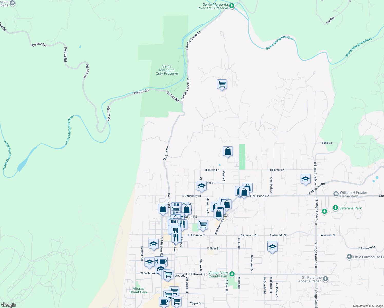 map of restaurants, bars, coffee shops, grocery stores, and more near 1270 Olive Avenue in Fallbrook