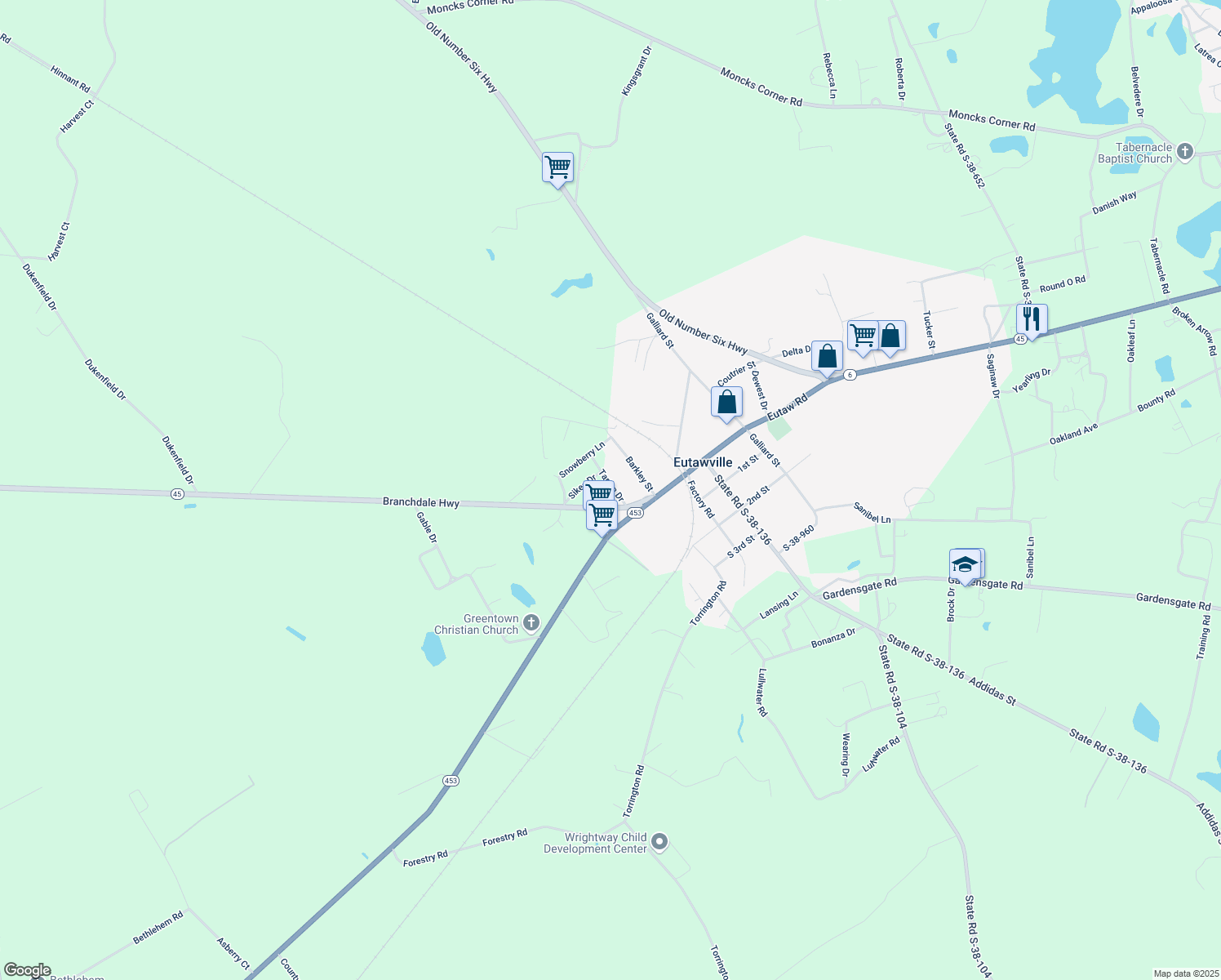 map of restaurants, bars, coffee shops, grocery stores, and more near 216 Tartan Drive in Eutawville