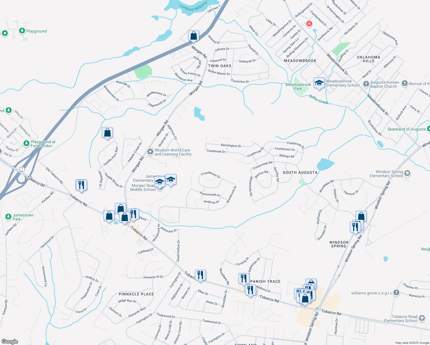 map of restaurants, bars, coffee shops, grocery stores, and more near 2760 Crosshaven Drive in Hephzibah