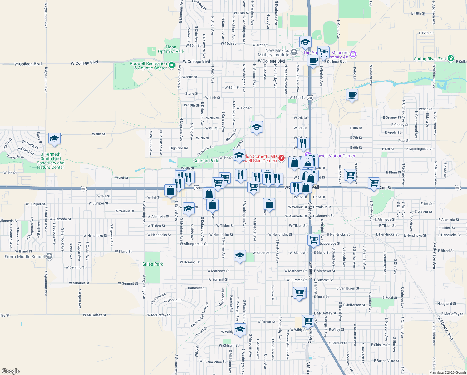 map of restaurants, bars, coffee shops, grocery stores, and more near 801 West 2nd Street in Roswell