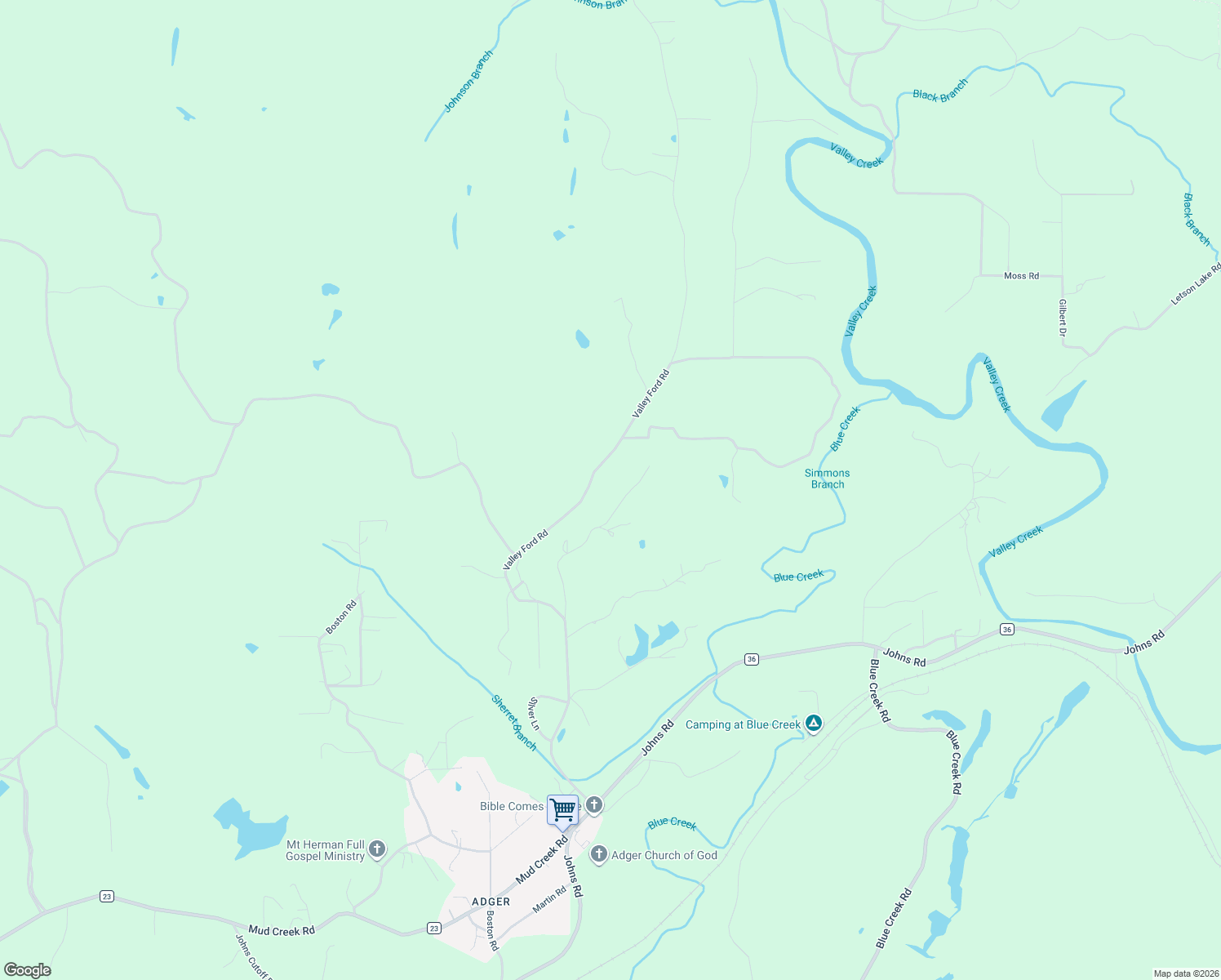 map of restaurants, bars, coffee shops, grocery stores, and more near 3900 Valley Ford Road in Adger