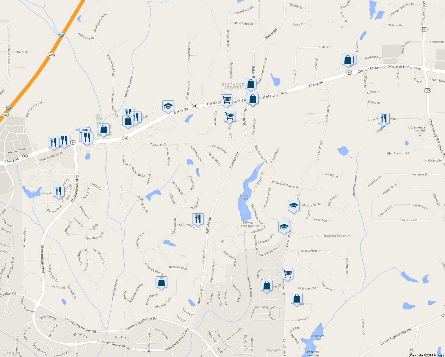 map of restaurants, bars, coffee shops, grocery stores, and more near 131 Springfield Ct in Newnan