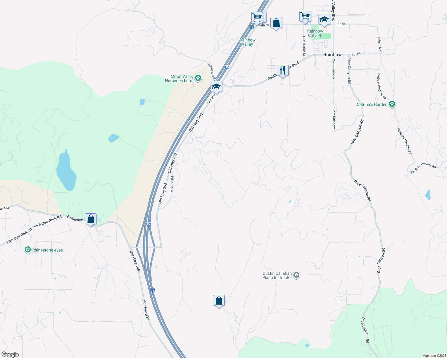 map of restaurants, bars, coffee shops, grocery stores, and more near 4942 White Lilac Road in Fallbrook