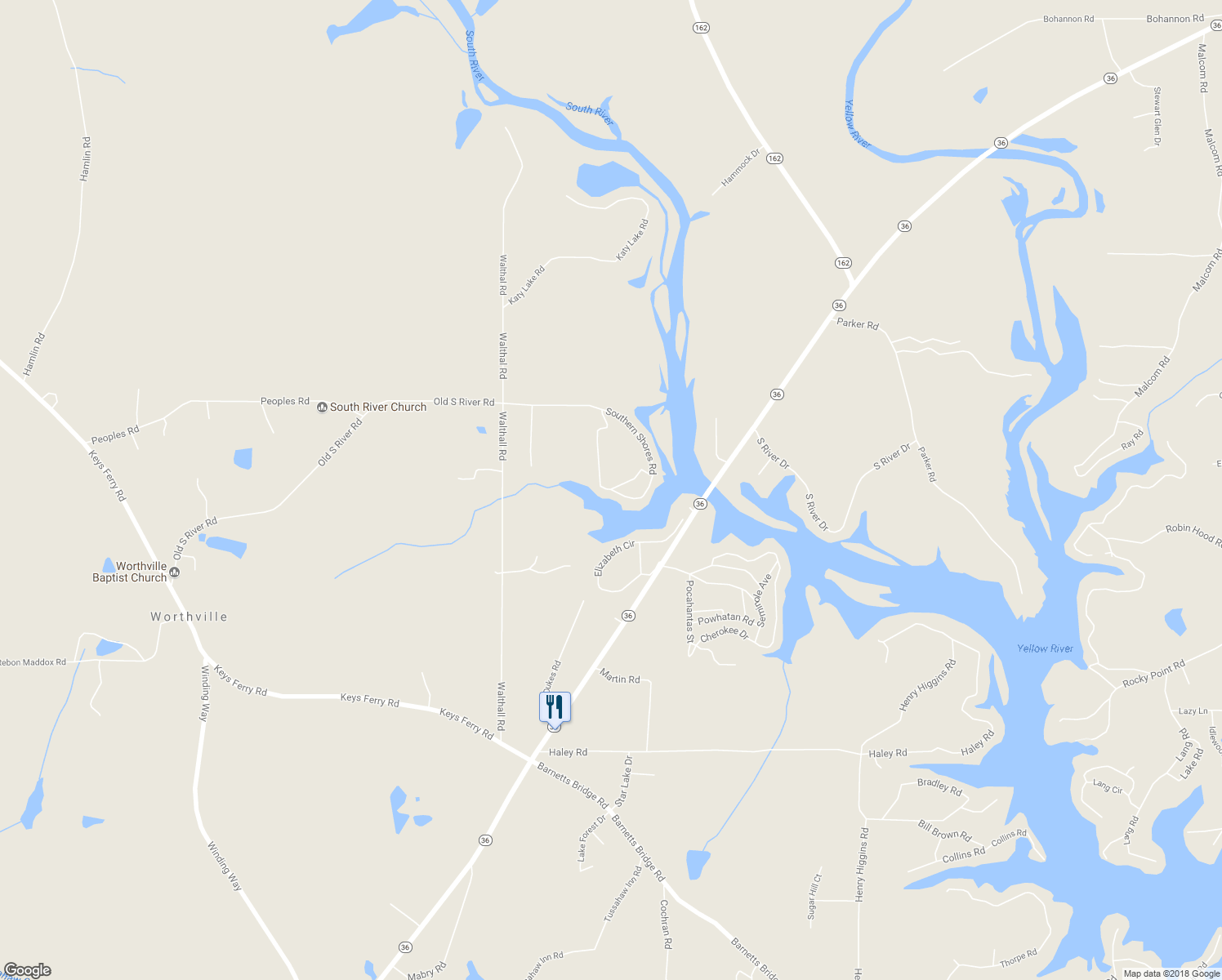 map of restaurants, bars, coffee shops, grocery stores, and more near 147 Southern Shores Road in Jackson