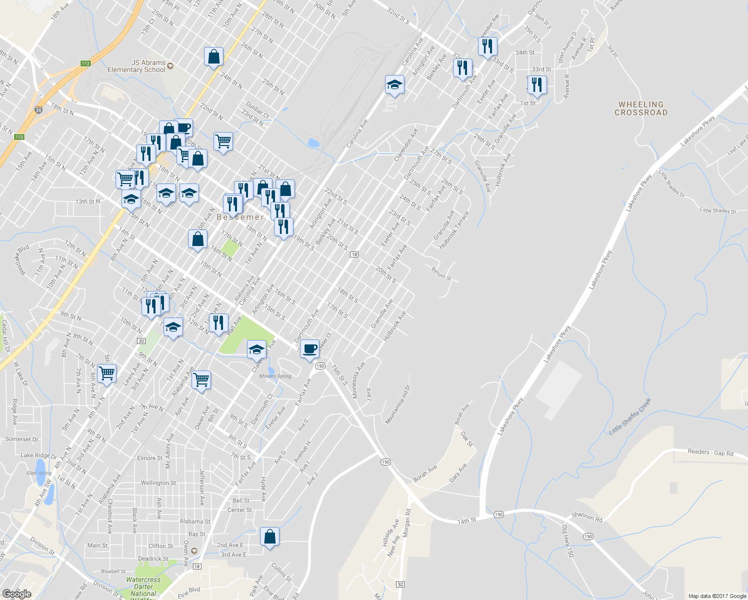 map of restaurants, bars, coffee shops, grocery stores, and more near 1817 Fairfax Avenue in Bessemer