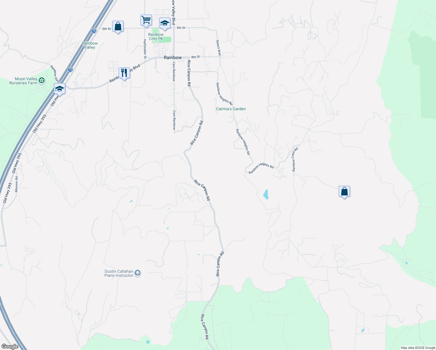 map of restaurants, bars, coffee shops, grocery stores, and more near 1313 Rice Canyon Road in Fallbrook