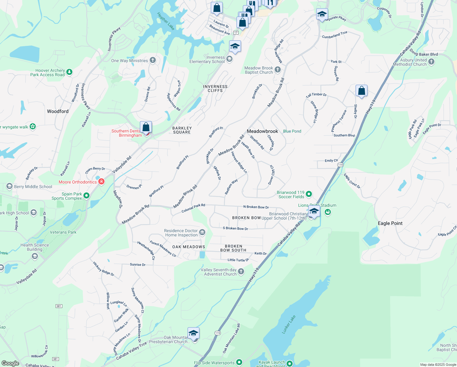 map of restaurants, bars, coffee shops, grocery stores, and more near 5178 Redfern Way in Birmingham