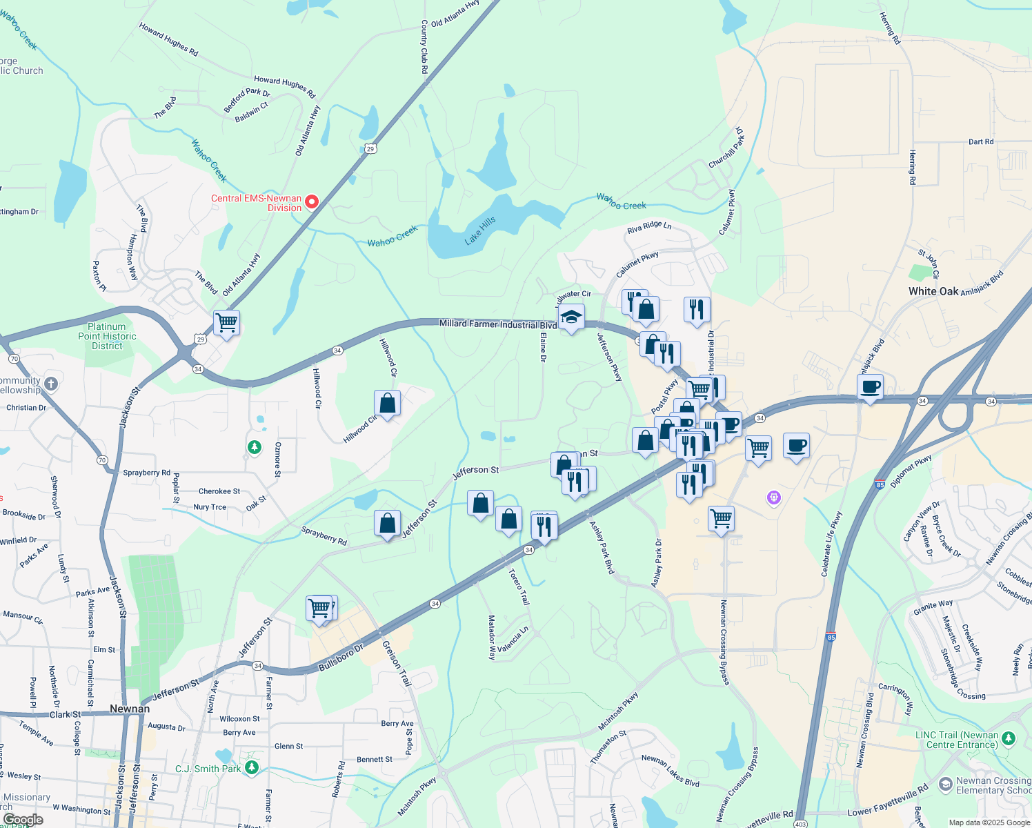 map of restaurants, bars, coffee shops, grocery stores, and more near 8 Lynn Circle in Newnan