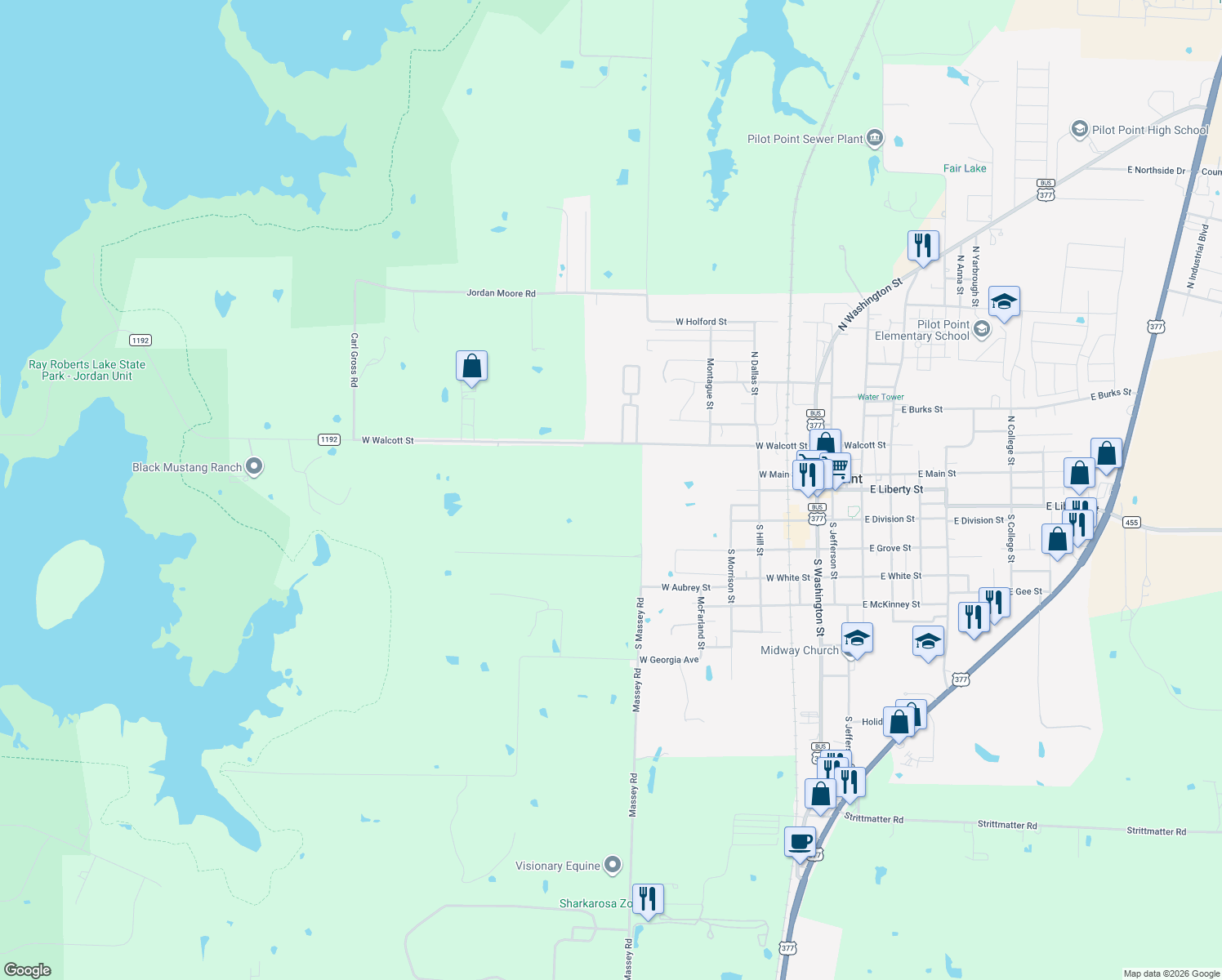 map of restaurants, bars, coffee shops, grocery stores, and more near 701 West Walcott Street in Pilot Point