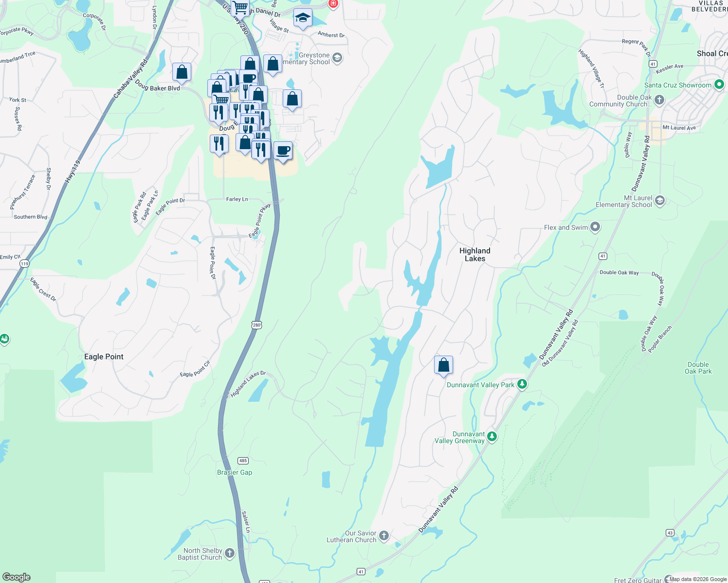 map of restaurants, bars, coffee shops, grocery stores, and more near 1126 Springhill Lane in Birmingham