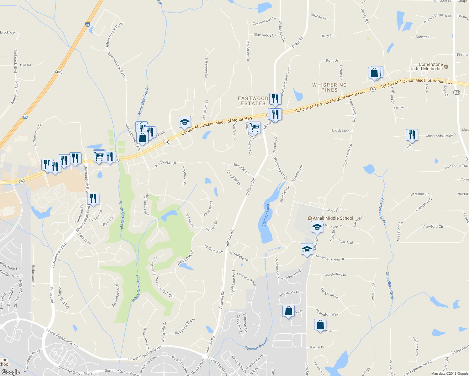 map of restaurants, bars, coffee shops, grocery stores, and more near 115 Springfield Court in Newnan