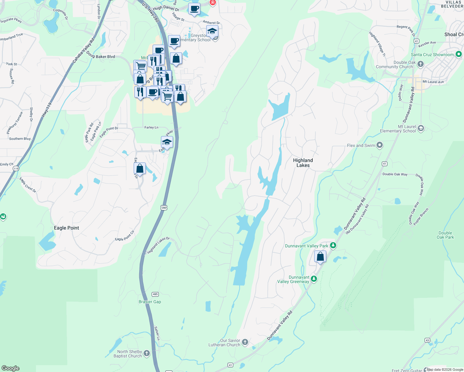 map of restaurants, bars, coffee shops, grocery stores, and more near 1126 Springhill Lane in Birmingham