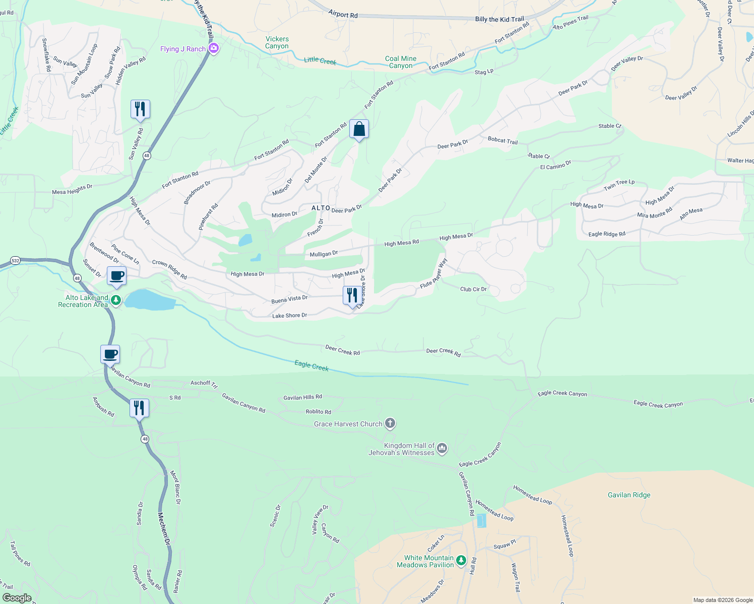 map of restaurants, bars, coffee shops, grocery stores, and more near 105 Lake Shore Court in Alto