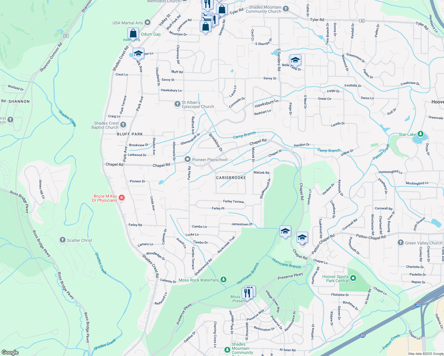 map of restaurants, bars, coffee shops, grocery stores, and more near 3913 Carisbrooke Ln in Birmingham