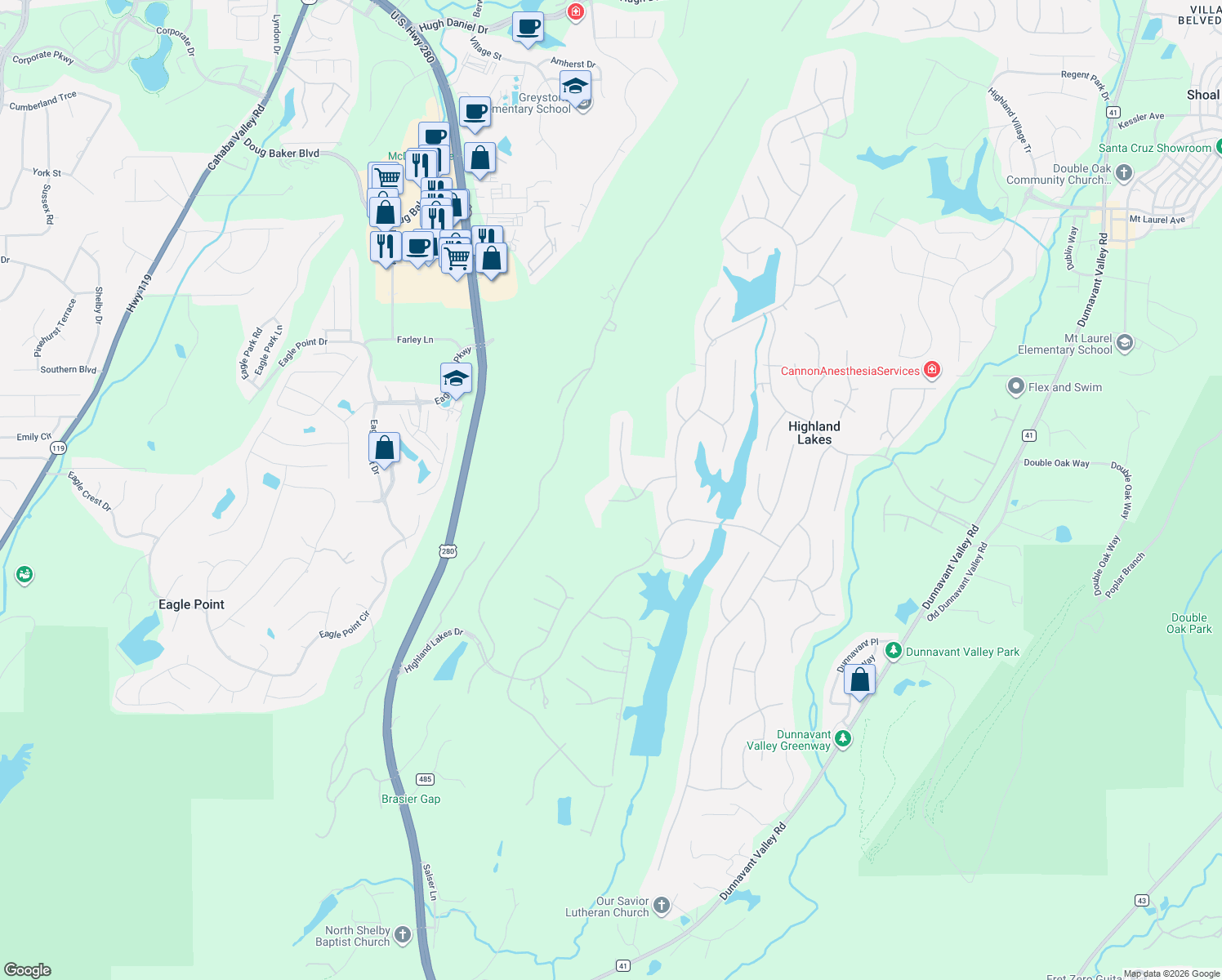 map of restaurants, bars, coffee shops, grocery stores, and more near 1126 Springhill Lane in Birmingham
