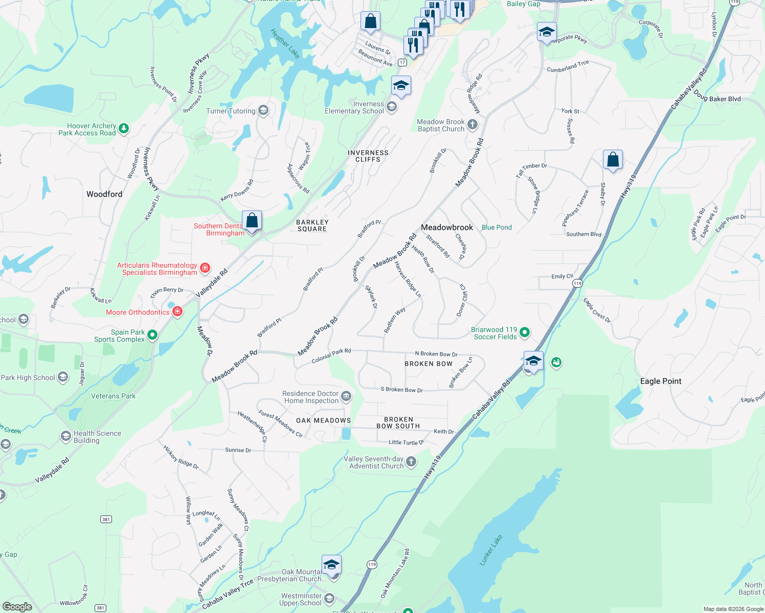 map of restaurants, bars, coffee shops, grocery stores, and more near 5178 Redfern Way in Birmingham