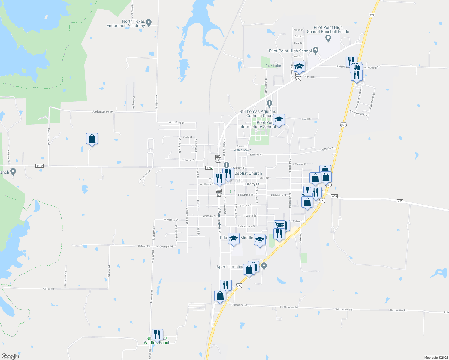 map of restaurants, bars, coffee shops, grocery stores, and more near in Pilot Point