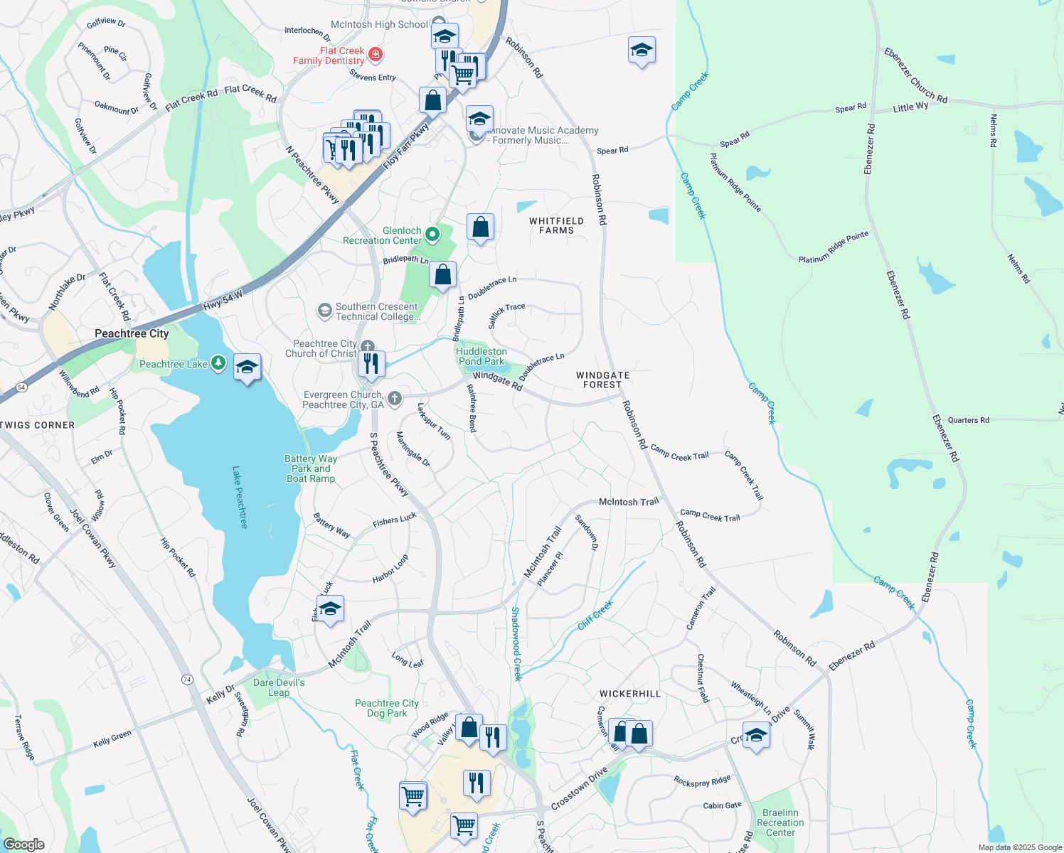 map of restaurants, bars, coffee shops, grocery stores, and more near 209 Hearthstone Reach in Peachtree City