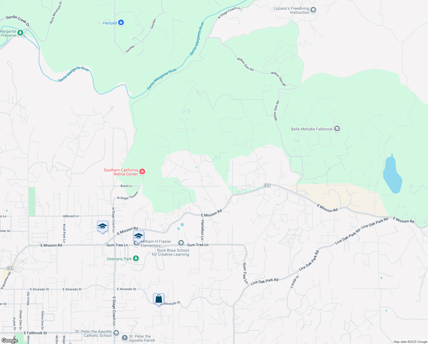 map of restaurants, bars, coffee shops, grocery stores, and more near 2494 Riverview Place in Fallbrook