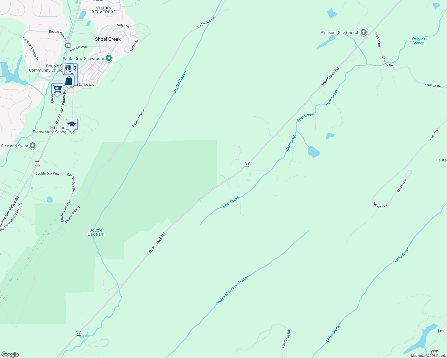 map of restaurants, bars, coffee shops, grocery stores, and more near 4253 Bear Creek Road in Sterrett